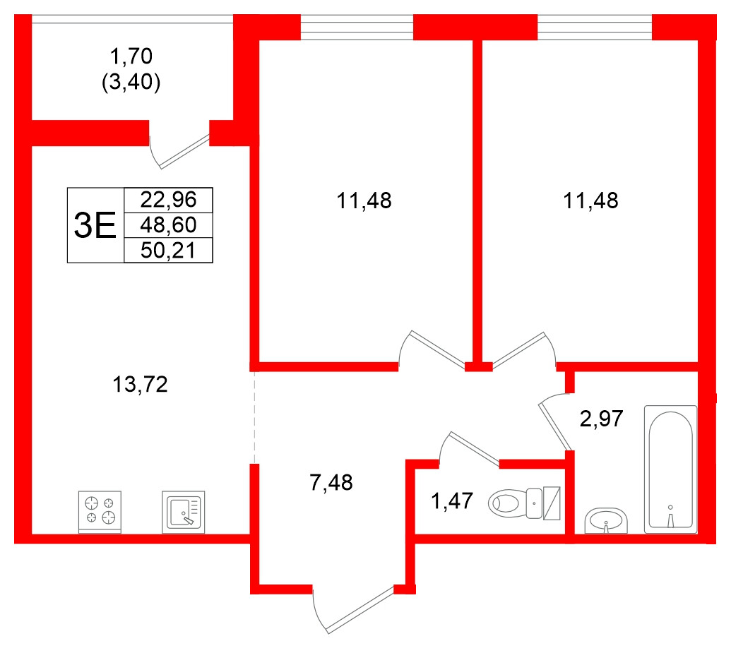 Квартира в ЖК Стороны Света 2, 2 комнатная, 50.21 м², 16 этаж
