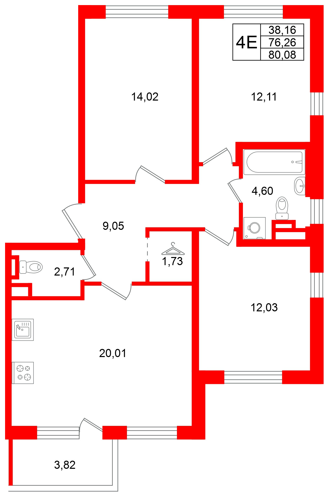 Квартира в ЖК «Югтаун», 3 комнатная, 80.08 м², 1 этаж