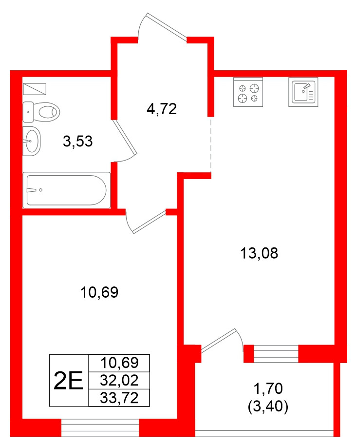 Квартира в ЖК Стороны Света 2, 1 комнатная, 33.72 м², 12 этаж