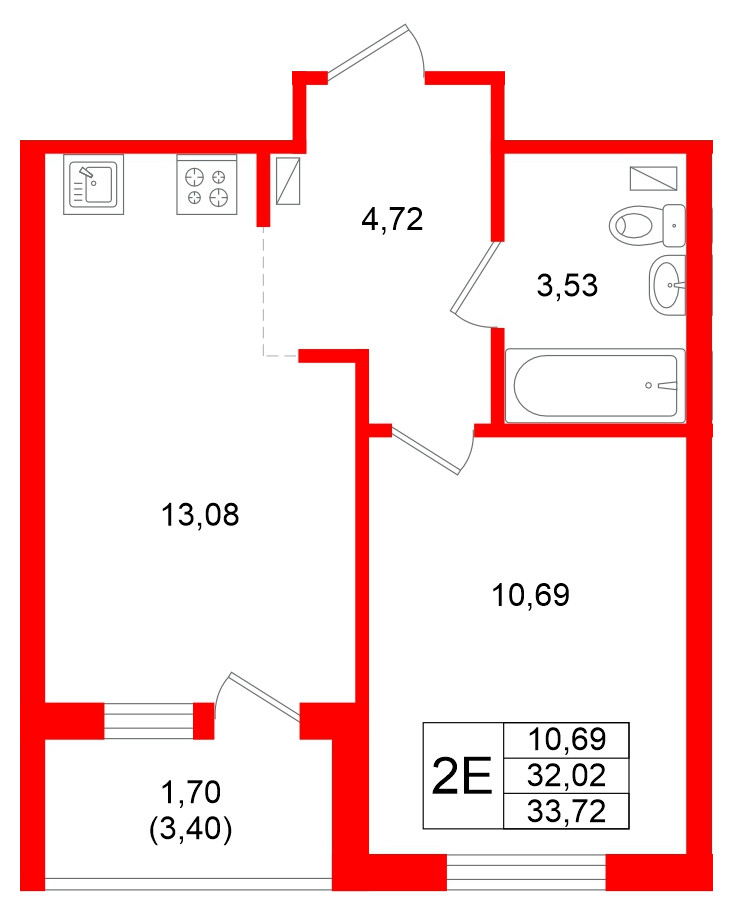Квартира в ЖК Стороны Света 2, 1 комнатная, 33.72 м², 10 этаж