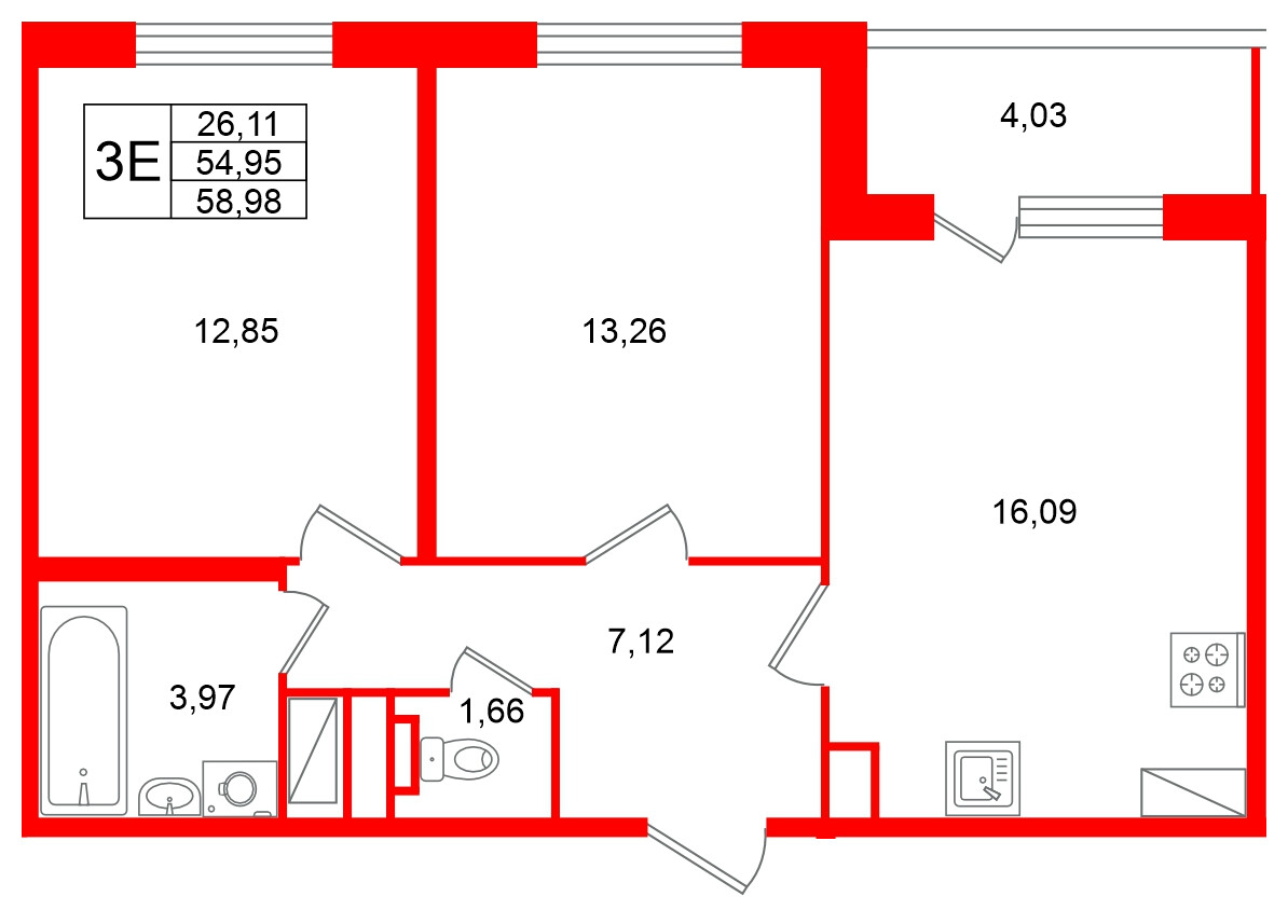 Квартира в ЖК Югтаун, 2 комнатная, 58.98 м², 3 этаж