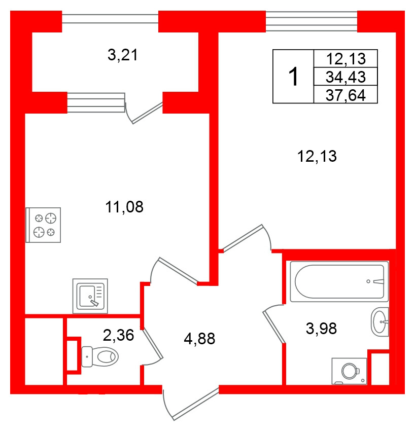 Квартира в ЖК Югтаун, 1 комнатная, 37.64 м², 1 этаж