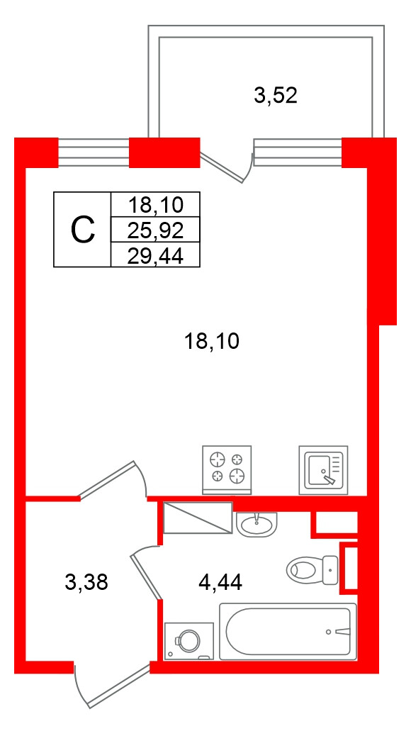 Квартира в ЖК Югтаун, студия, 29.44 м², 2 этаж