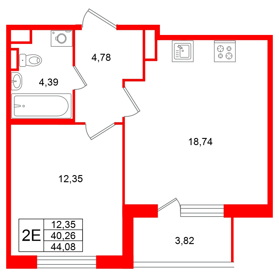 Квартира в ЖК Югтаун, 1 комнатная, 44.08 м², 1 этаж