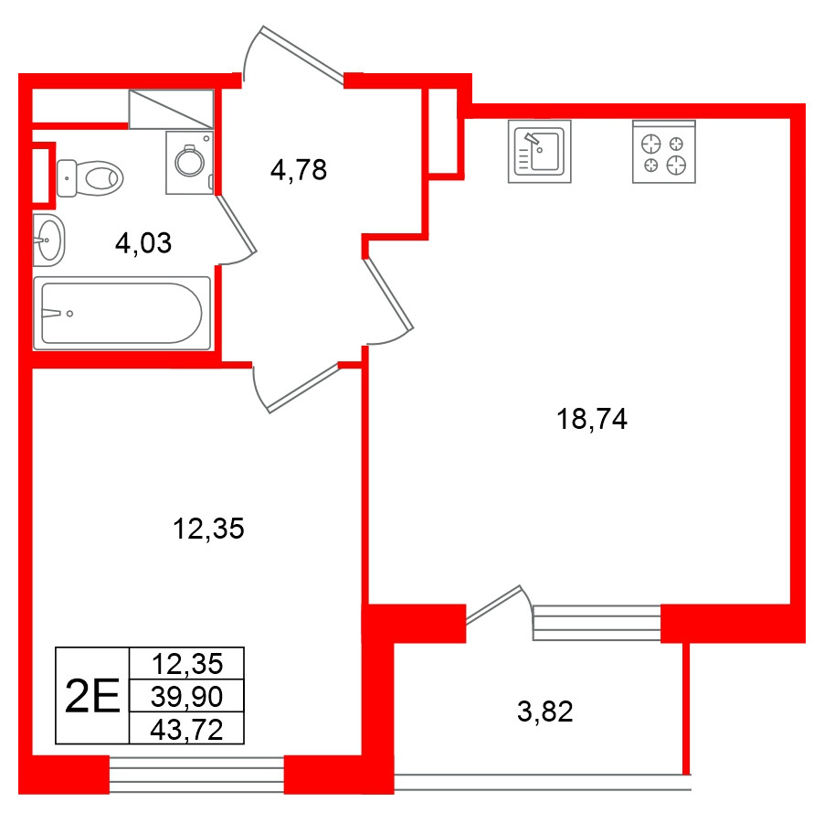 Квартира в ЖК Югтаун, 1 комнатная, 43.72 м², 2 этаж