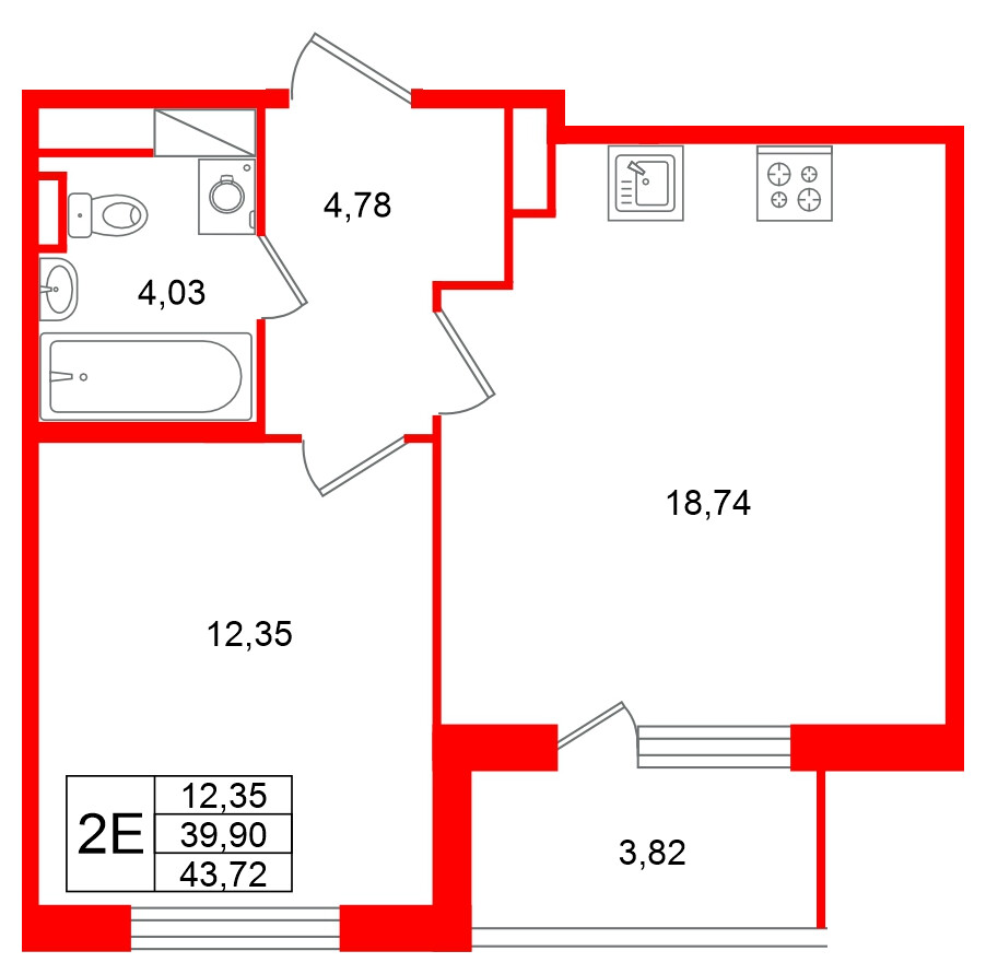 Квартира в ЖК Югтаун, 1 комнатная, 43.72 м², 5 этаж