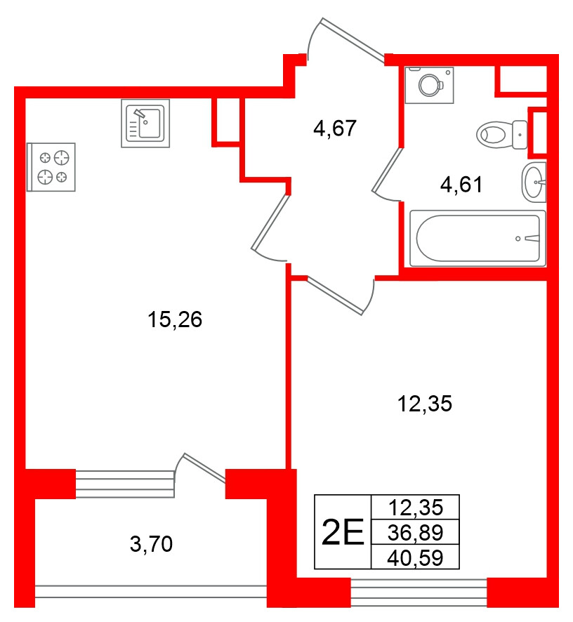 Квартира в ЖК Югтаун, 1 комнатная, 40.59 м², 1 этаж