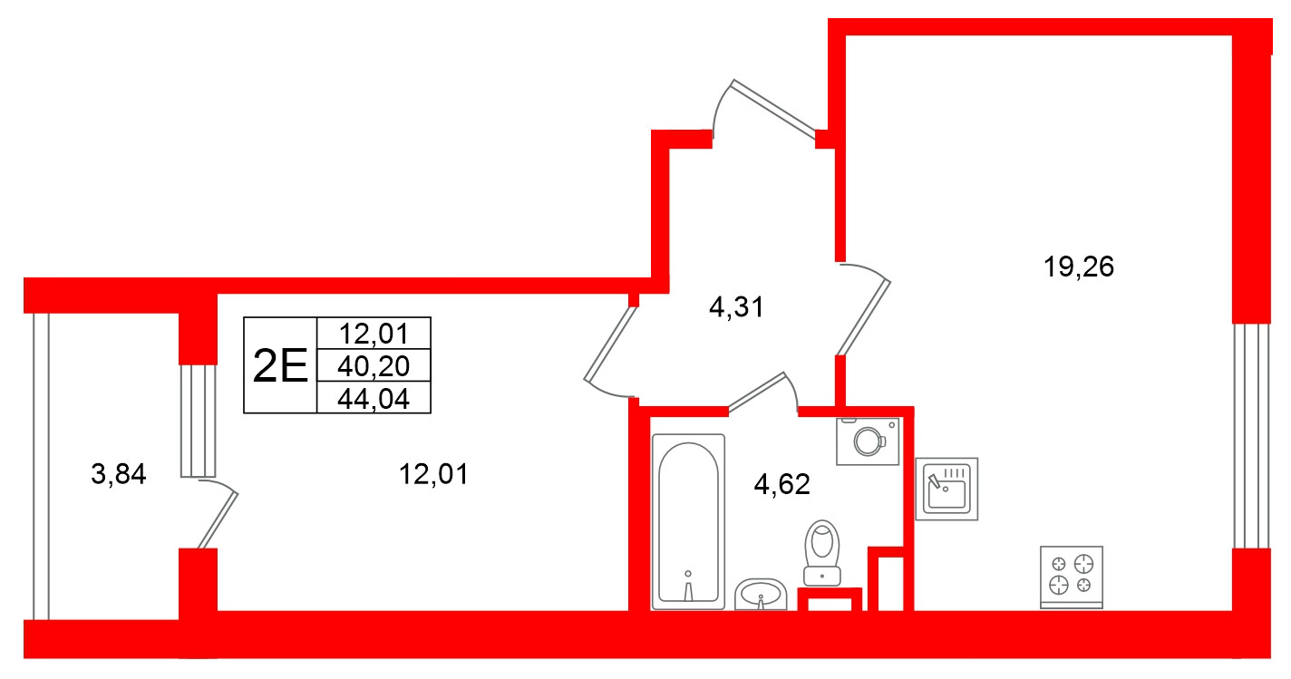 Квартира в ЖК Югтаун, 1 комнатная, 44.04 м², 2 этаж