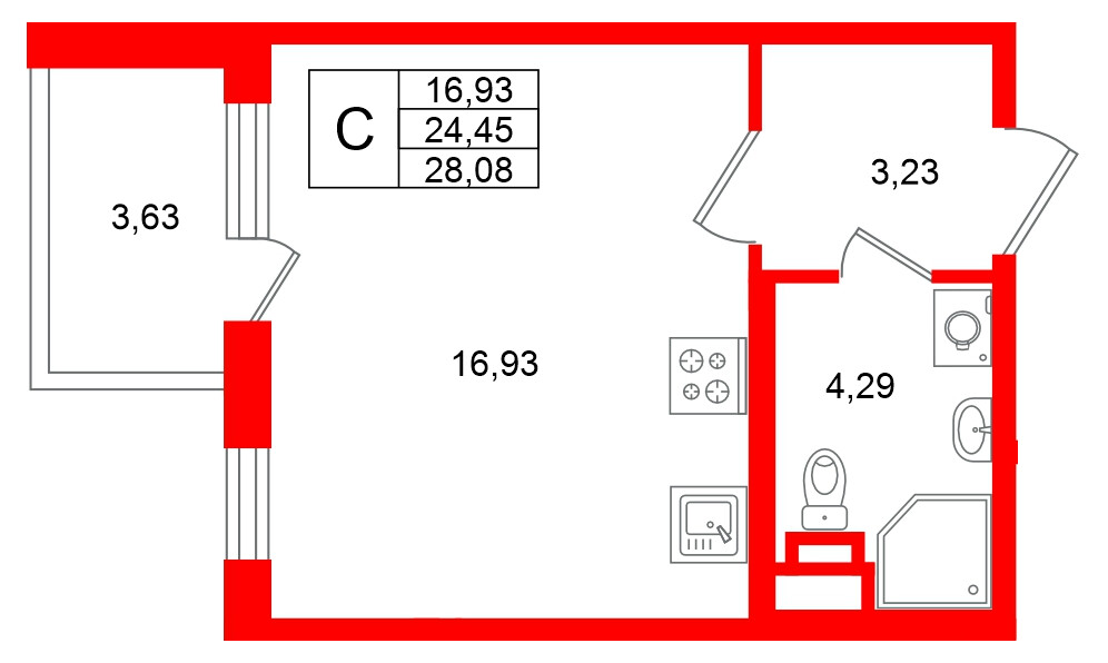 Квартира в ЖК «Югтаун», студия, 28.08 м², 2 этаж