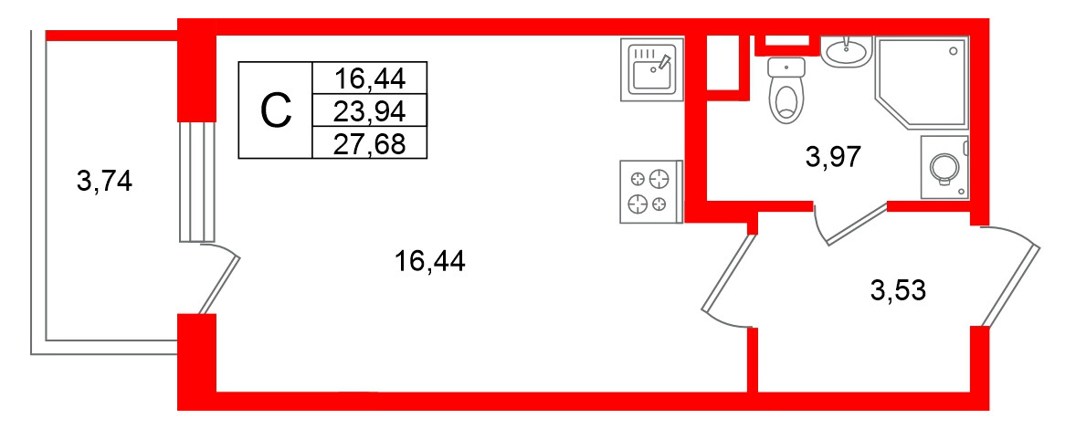 Квартира в ЖК Югтаун, студия, 27.68 м², 2 этаж