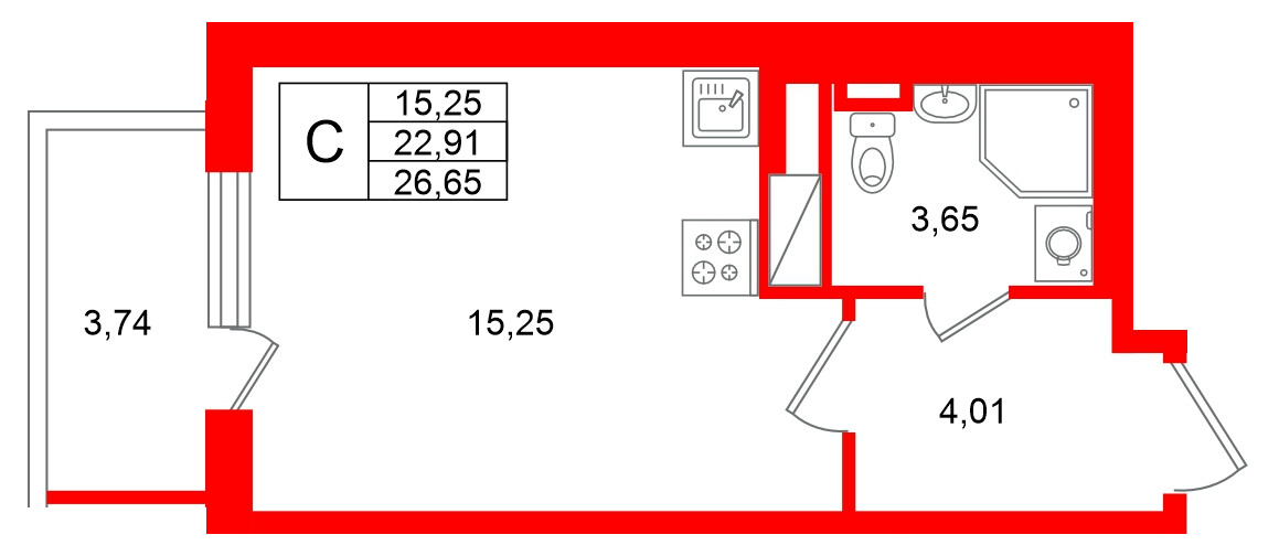 Квартира в ЖК Югтаун, студия, 26.65 м², 3 этаж