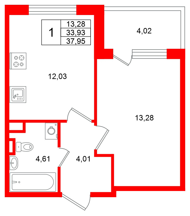 Квартира в ЖК «Югтаун», 1 комнатная, 37.95 м², 2 этаж