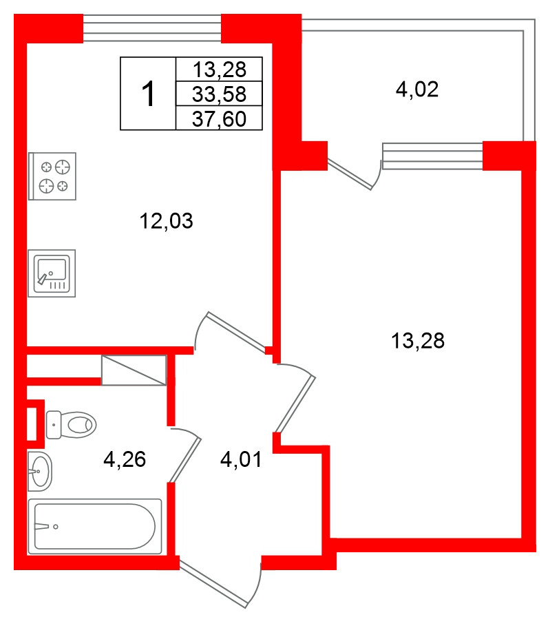 Квартира в ЖК Югтаун, 1 комнатная, 37.6 м², 5 этаж