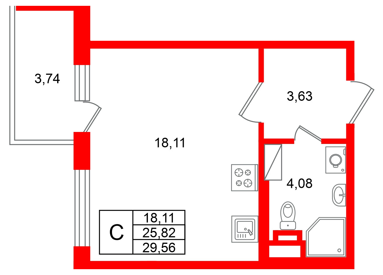Квартира в ЖК Югтаун, студия, 29.56 м², 3 этаж