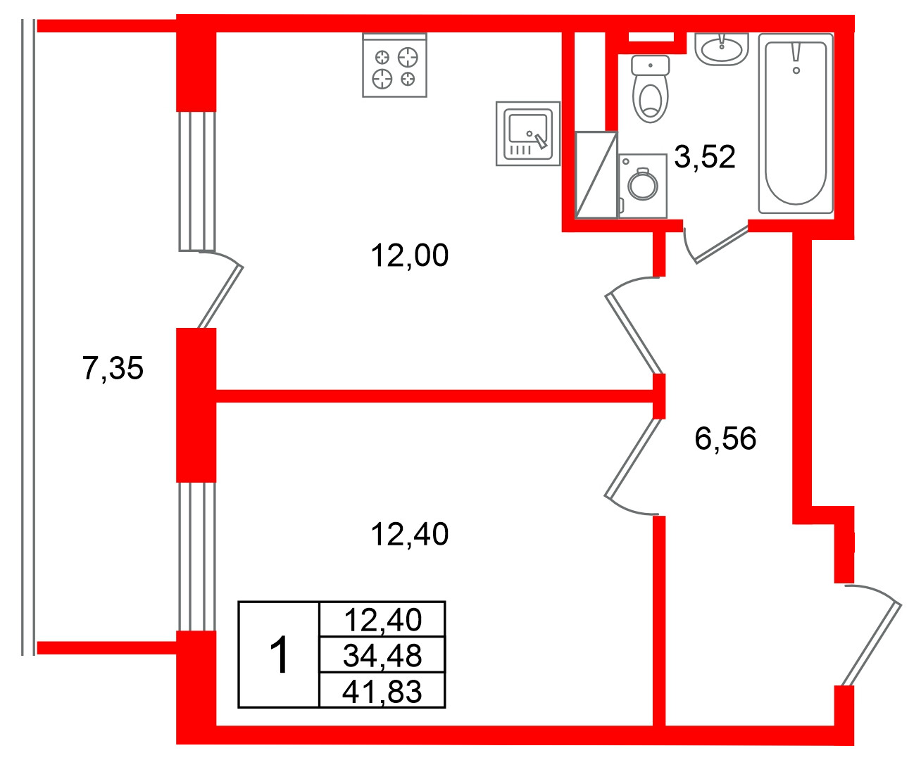 Квартира в ЖК Югтаун, 1 комнатная, 41.83 м², 5 этаж