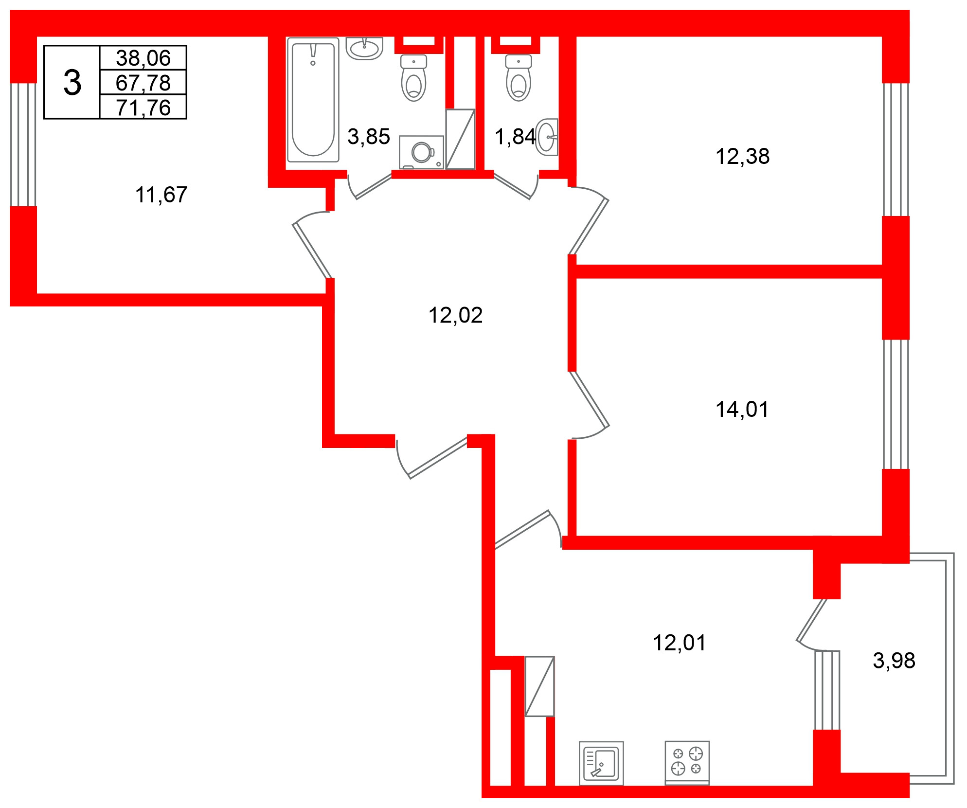 Квартира в ЖК Югтаун, 3 комнатная, 71.76 м², 4 этаж
