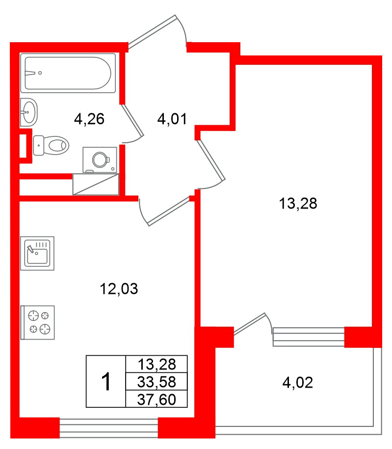 Квартира в ЖК Югтаун, 1 комнатная, 37.6 м², 3 этаж