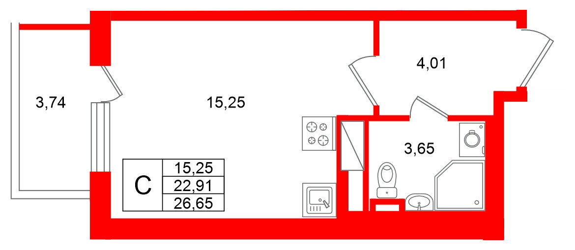 Квартира в ЖК Югтаун, студия, 26.65 м², 3 этаж