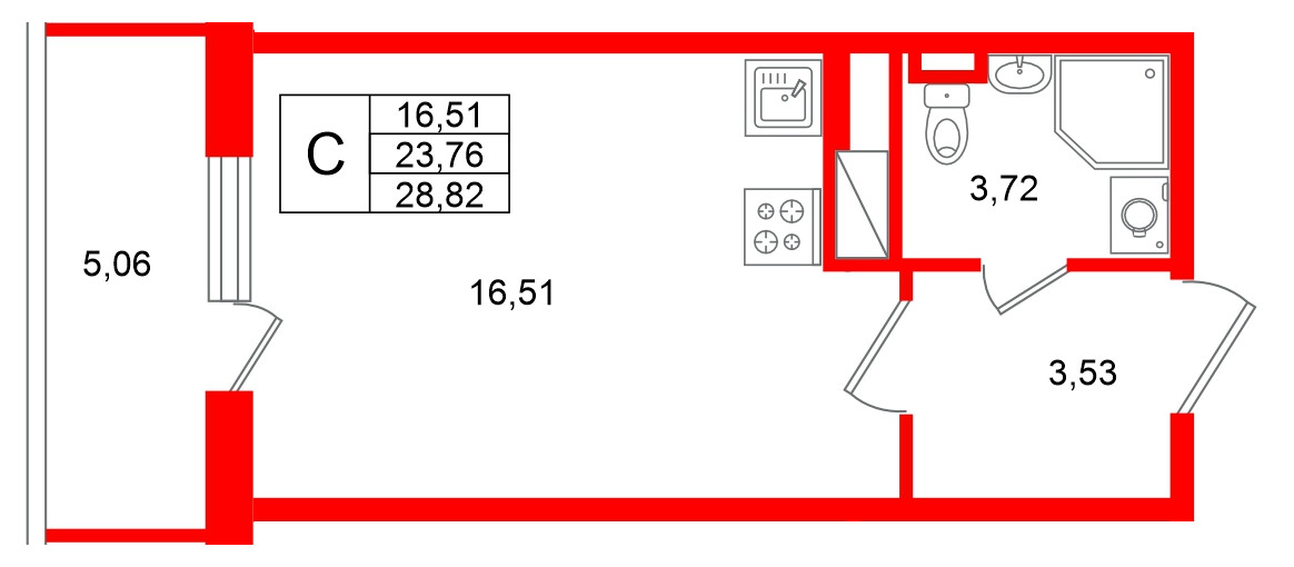 Квартира в ЖК Югтаун, студия, 28.82 м², 3 этаж