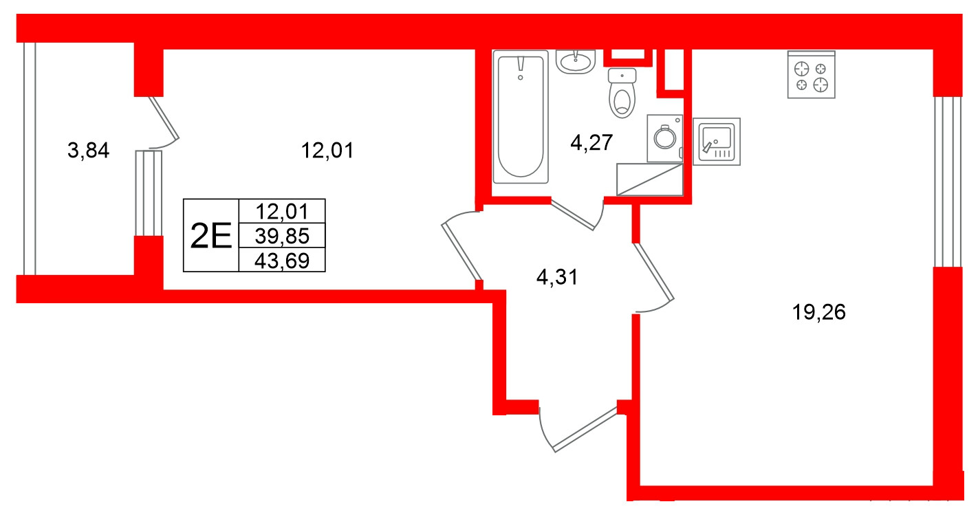 Квартира в ЖК Югтаун, 1 комнатная, 43.69 м², 3 этаж