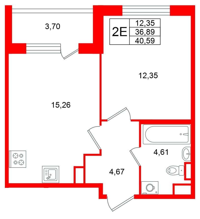 Квартира в ЖК «Югтаун», 1 комнатная, 40.59 м², 1 этаж