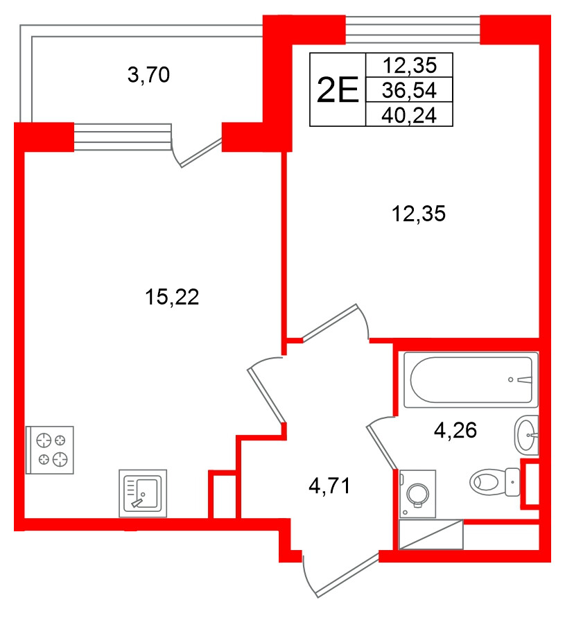 Квартира в ЖК Югтаун, 1 комнатная, 40.24 м², 2 этаж
