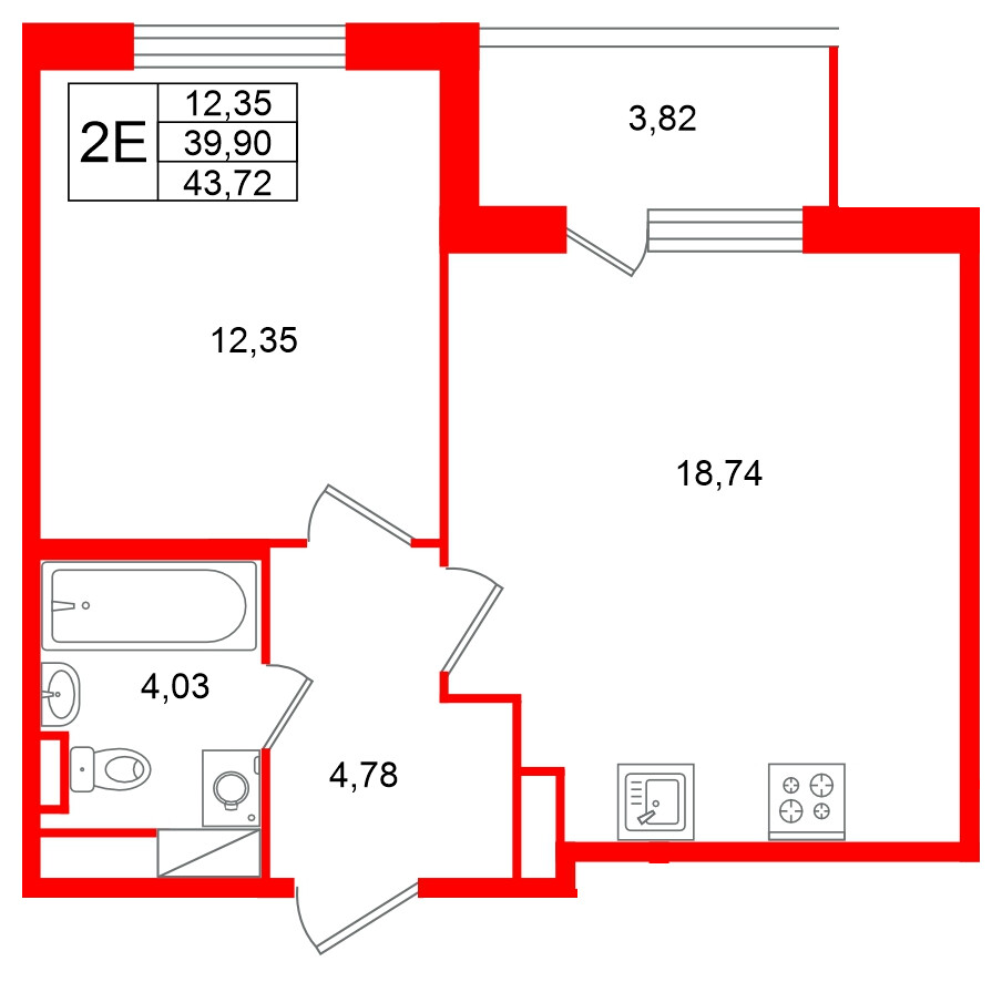 Квартира в ЖК Югтаун, 1 комнатная, 43.72 м², 2 этаж