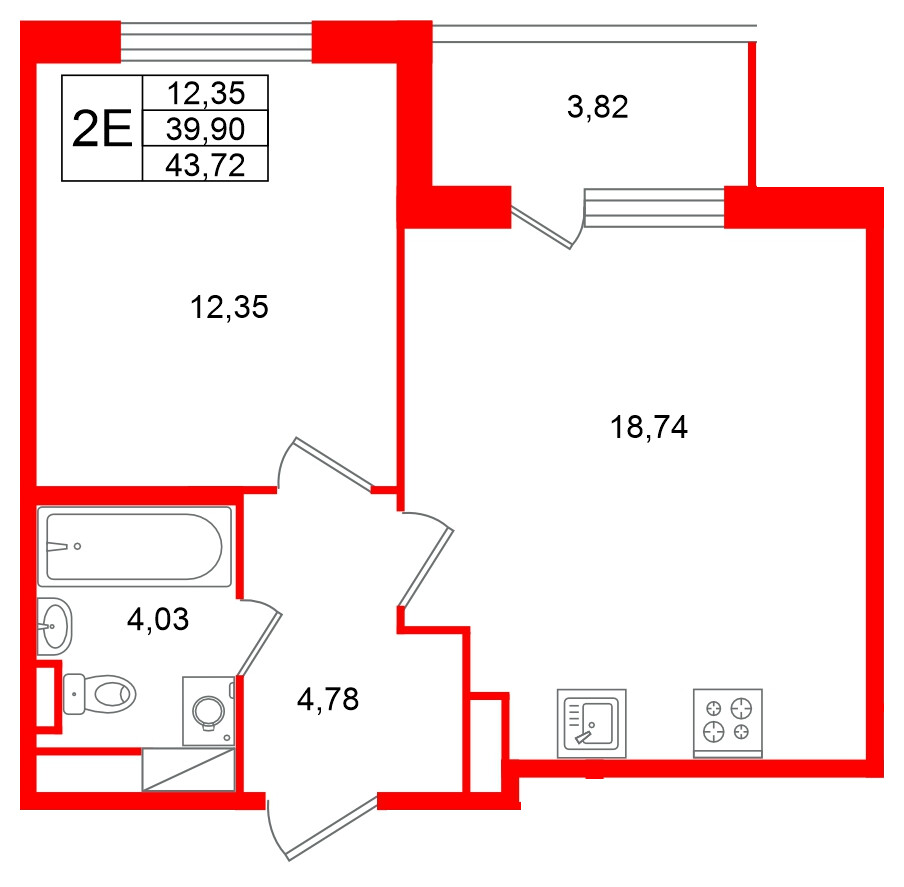 Квартира в ЖК Югтаун, 1 комнатная, 43.72 м², 3 этаж