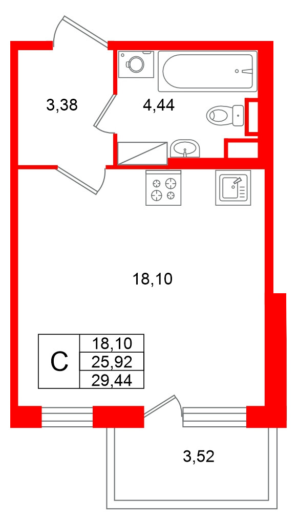 Квартира в ЖК Югтаун, студия, 29.44 м², 2 этаж