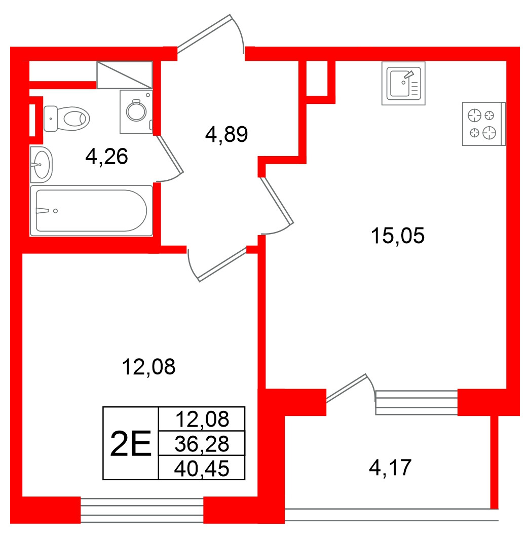 Квартира в ЖК «Югтаун», 1 комнатная, 40.45 м², 2 этаж