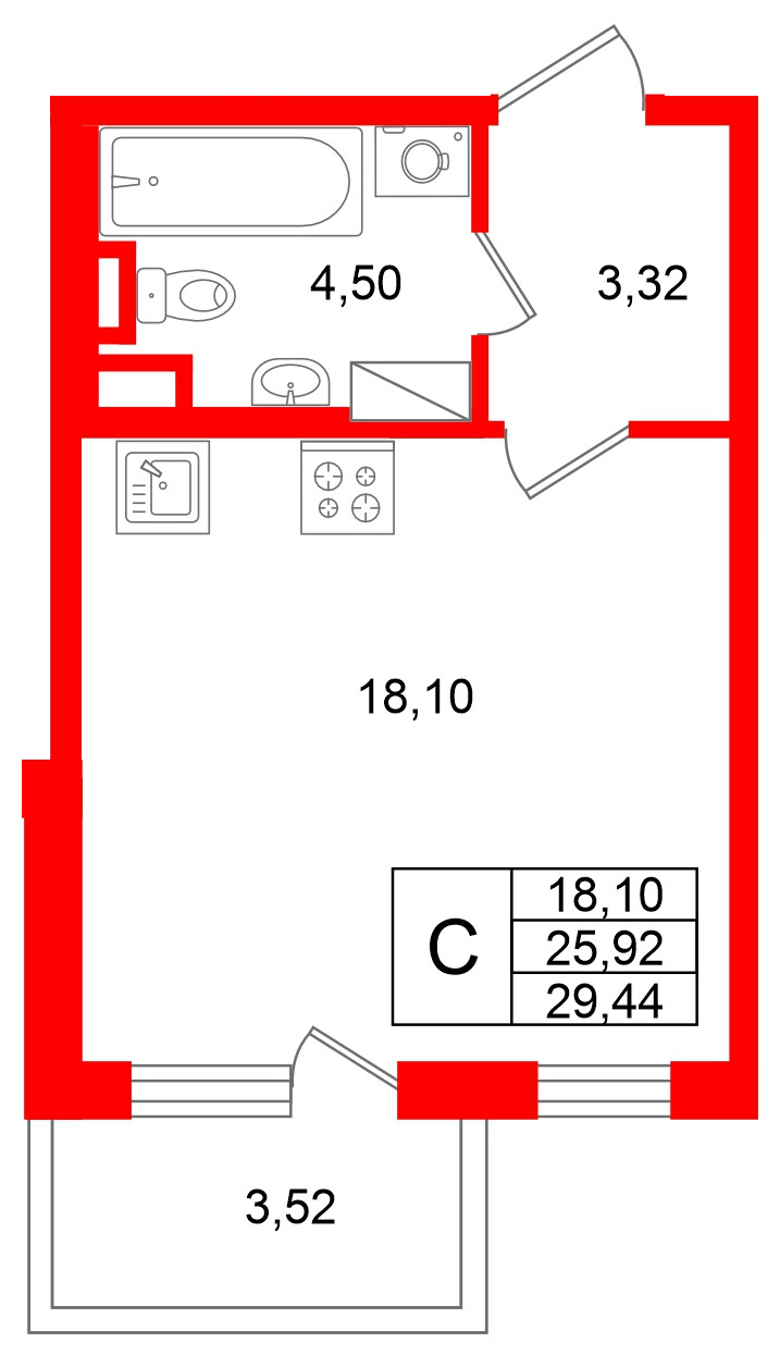 Квартира в ЖК Югтаун, студия, 29.44 м², 4 этаж