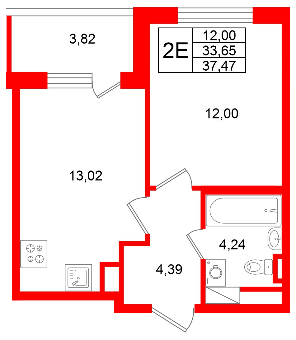 Квартира в ЖК Югтаун, 1 комнатная, 37.47 м², 4 этаж
