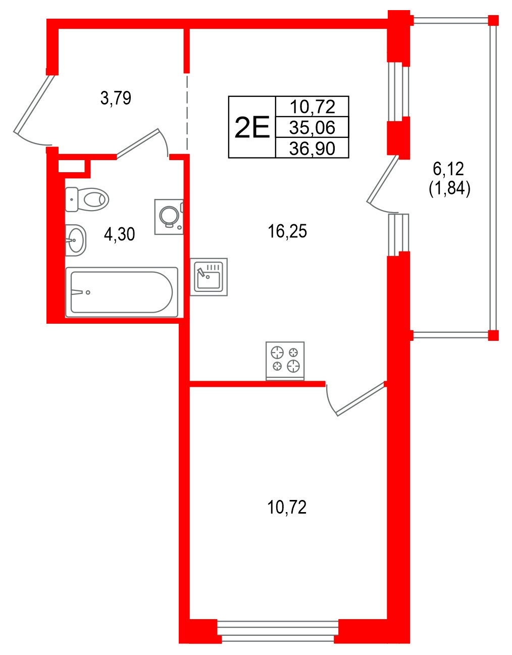 Квартира в ЖК «Имена», 1 комнатная, 36.9 м², 9 этаж