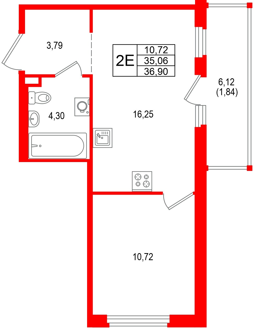 Квартира в ЖК «Имена», 1 комнатная, 36.9 м², 16 этаж