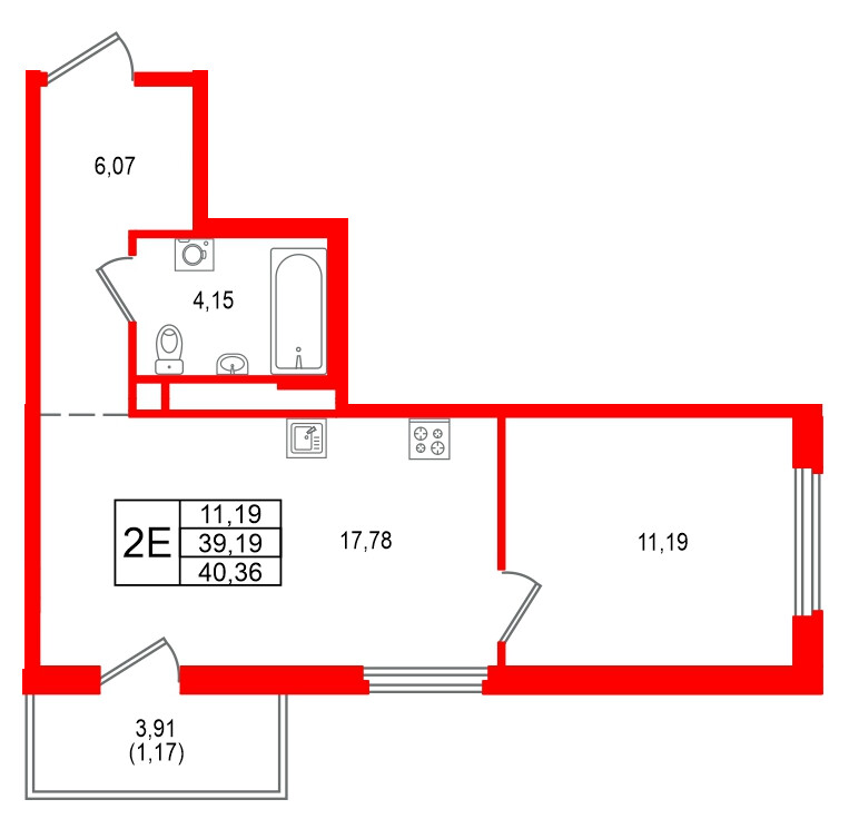 Квартира в ЖК «Имена», 1 комнатная, 40.36 м², 9 этаж