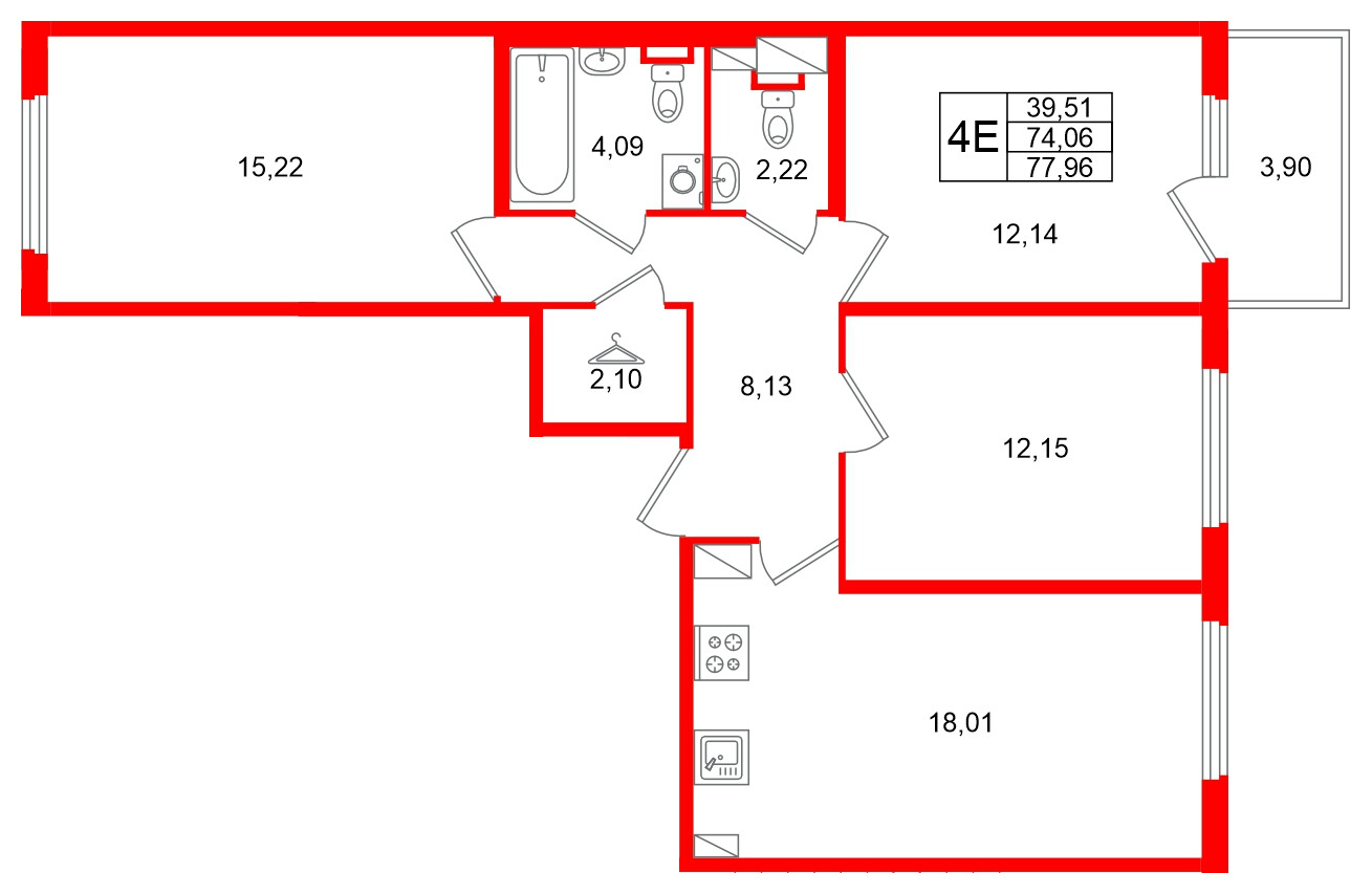 Квартира в ЖК Любоград, 3 комнатная, 77.96 м², 2 этаж