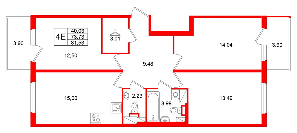 Квартира в ЖК Любоград, 3 комнатная, 81.53 м², 4 этаж