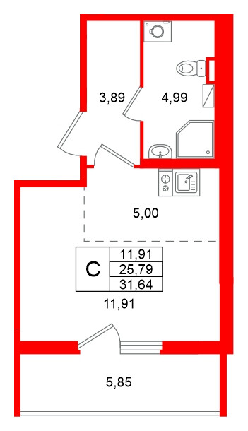 Квартира в ЖК «Любоград», студия, 31.64 м², 1 этаж