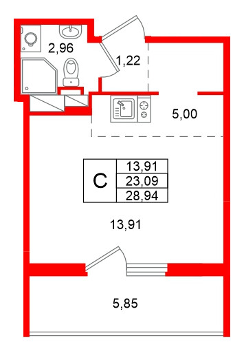 Квартира в ЖК Любоград, студия, 28.94 м², 4 этаж