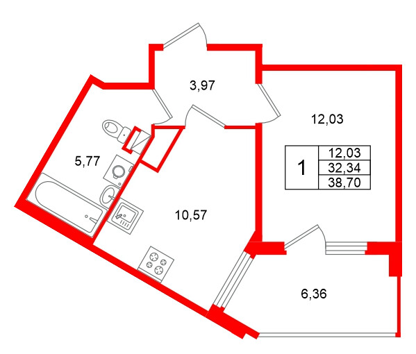 Квартира в ЖК Любоград, 1 комнатная, 38.7 м², 1 этаж