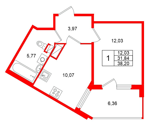 Квартира в ЖК Любоград, 1 комнатная, 38.2 м², 2 этаж