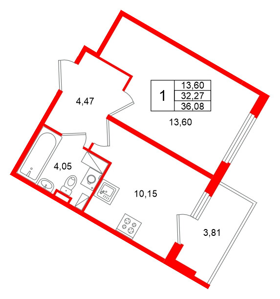 Квартира в ЖК «Любоград», 1 комнатная, 36.08 м², 4 этаж
