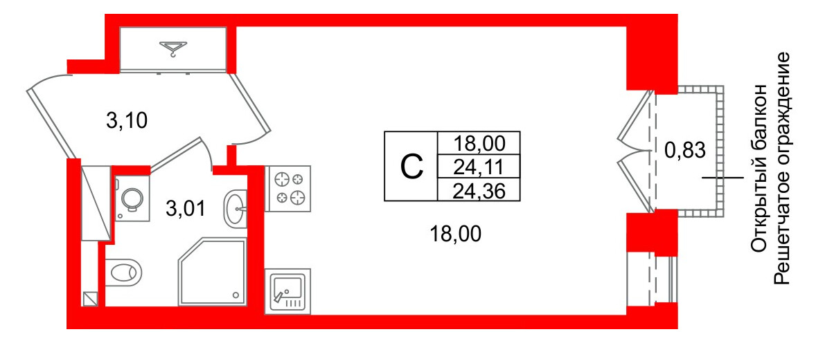Квартира в ЖК «Аристократ», студия, 24.11 м², 7 этаж