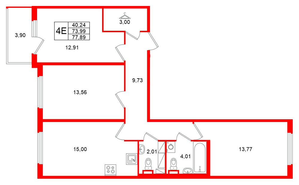 Квартира в ЖК Любоград, 3 комнатная, 77.89 м², 2 этаж