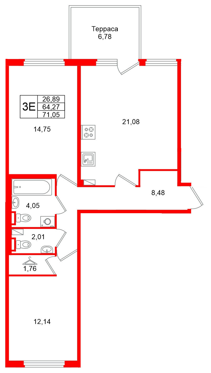 Квартира в ЖК Любоград, 2 комнатная, 71.05 м², 1 этаж