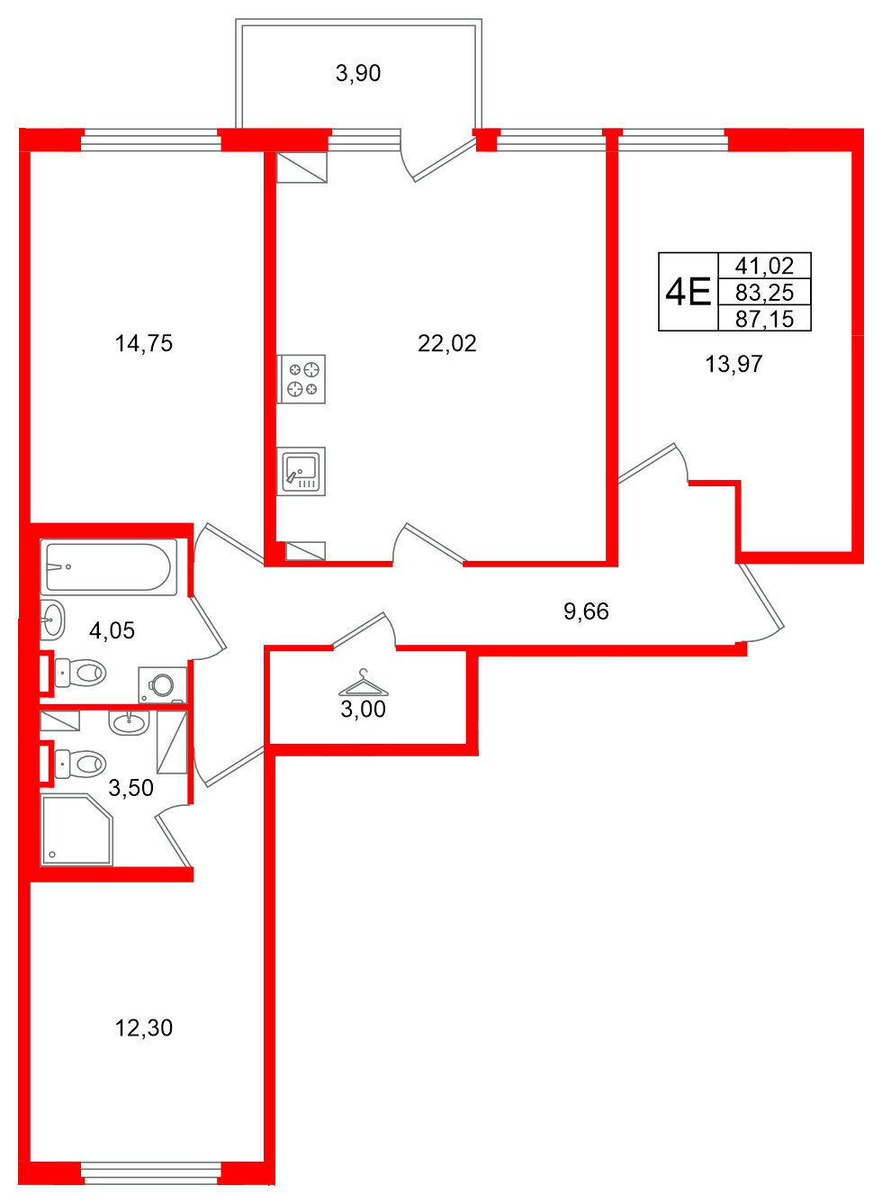 Квартира в ЖК Любоград, 3 комнатная, 87.15 м², 2 этаж