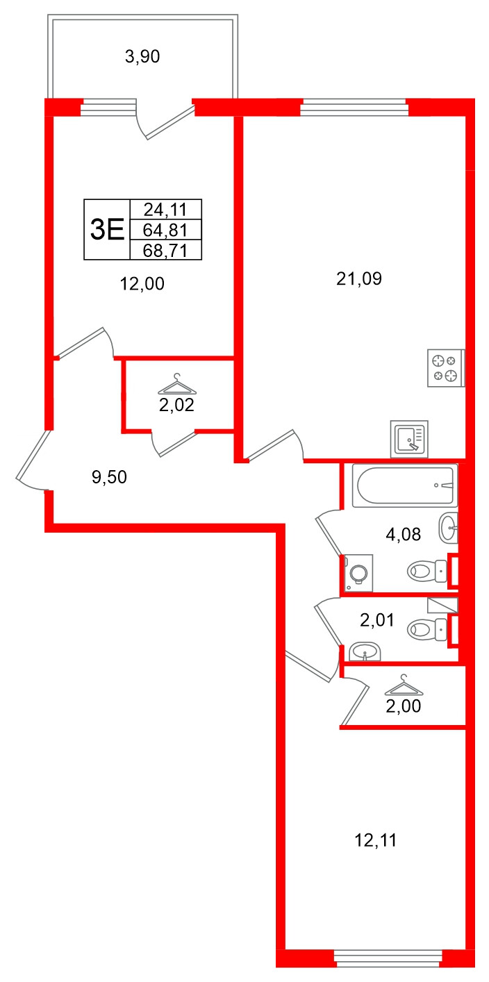 Квартира в ЖК Любоград, 2 комнатная, 68.71 м², 1 этаж