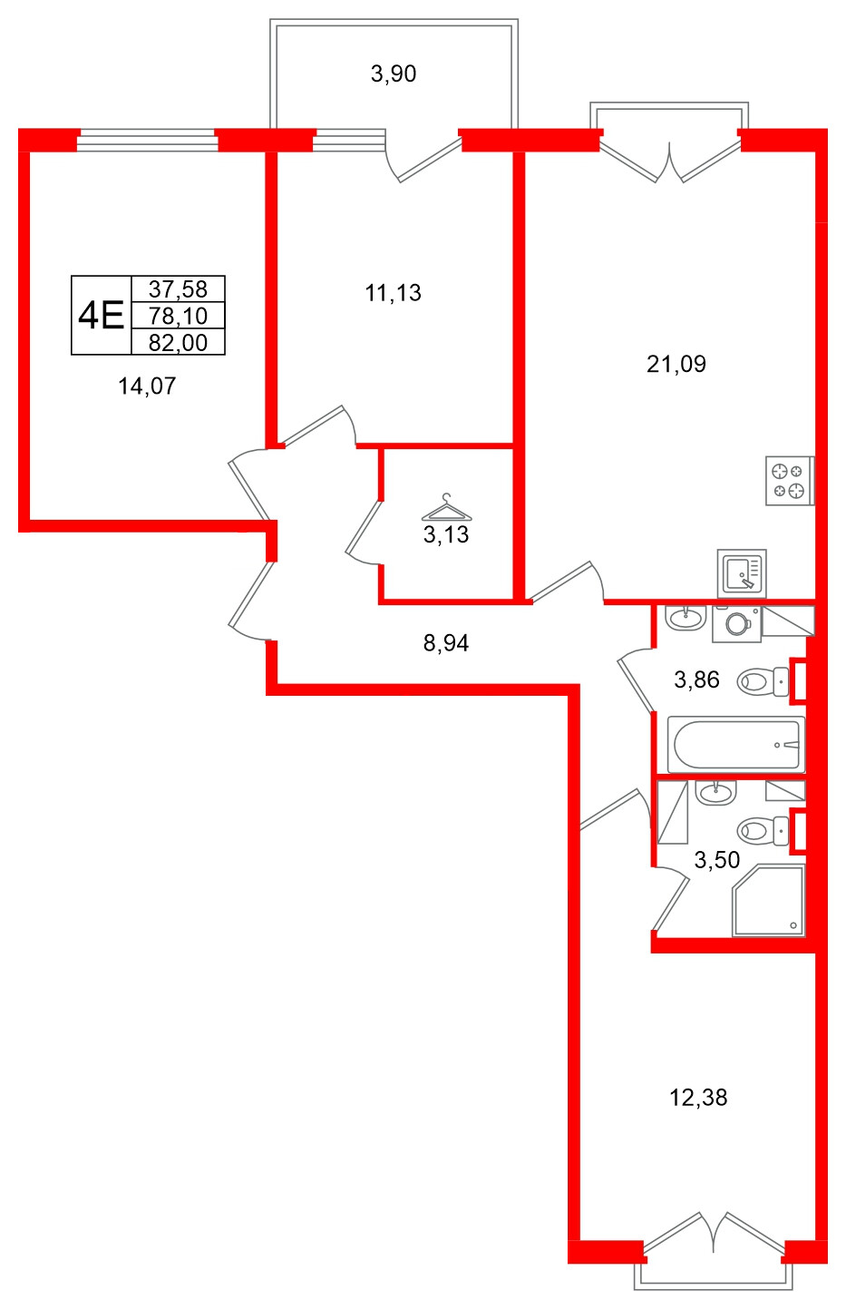 Квартира в ЖК Любоград, 3 комнатная, 82 м², 4 этаж