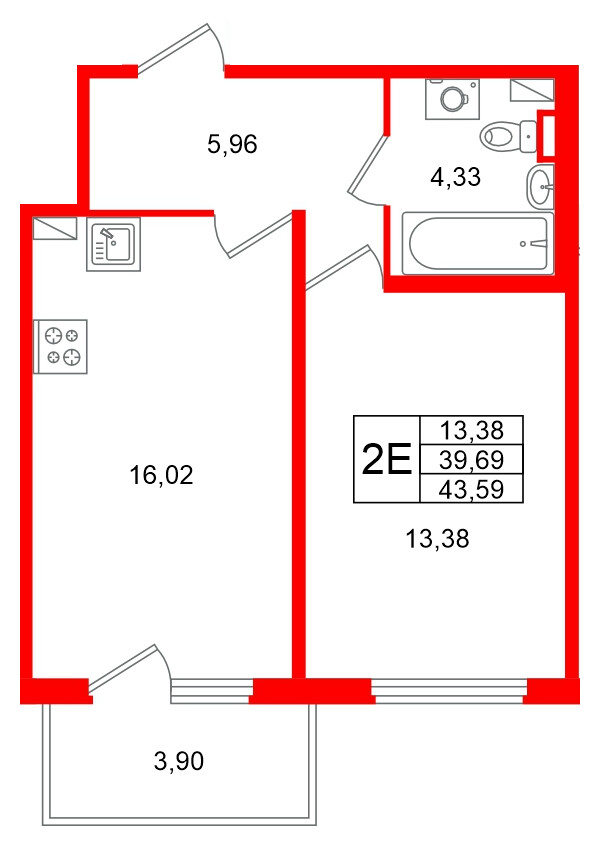 Квартира в ЖК «Любоград», 1 комнатная, 43.59 м², 1 этаж