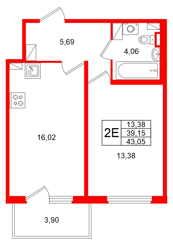 Квартира в ЖК «Любоград», 1 комнатная, 43.05 м², 2 этаж